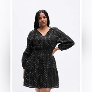 Gap Black & Silver Smocked Split neck Mini Dress XL